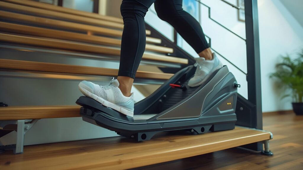Femme marchant sur un tapis roulant incliné pendant une séance de cardio.